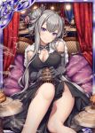  1girl akkijin black_gloves breasts card_(medium) chinese_clothes flower gloves grey_hair hair_flower hair_ornament incense incense_burner large_breasts long_hair looking_at_viewer official_art shinkai_no_valkyrie sitting violet_eyes 