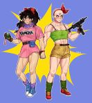  /\/\/\ 2boys abs artist_name bald belt black_eyes black_hair blue_background blush boots bracelet brown_gloves bulma bulma_(cosplay) character_name clothes_writing commentary cosplay dragon_ball dragon_ball_(classic) dress embarrassed facial_scar fanny_pack finger_on_trigger fingernails frown full_body gloves green_legwear gun hair_ribbon hairband hand_holding highres holding holding_gun holding_weapon jewelry long_hair looking_at_another looking_away lunch_(dragon_ball) lunch_(dragon_ball)_(cosplay) male_focus multiple_boys muscle nervous_smile pink_dress ponytail purple_legwear purple_scarf radar red_footwear red_hairband red_ribbon ribbon scar scar_on_cheek scarf shirt shoes short_dress shorts simple_background single_glove sneakers socks spread_legs standing standing_on_one_leg sweatdrop symbol_commentary tank_top tenshinhan thighs third_eye tight tight_shirt veins weapon yamcha yuyurourou02 