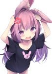  1girl ahoge anger_vein animal_ear_fluff animal_ears arms_up bangs black_shirt breasts cleavage commentary_request cowboy_shot eyebrows_visible_through_hair fang hair_between_eyes kyuukon_(qkonsan) leaning_forward long_hair looking_at_viewer open_mouth original purple_hair rabbit_ears shirt short_sleeves simple_background small_breasts solo very_long_hair violet_eyes white_background 