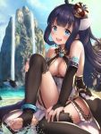  1girl :d ahoge animal anklet bangs bare_shoulders beach blue_eyes blue_sky blunt_bangs blush breasts bridal_gauntlets brooch cave cleavage cleavage_cutout commentary_request crown day eyebrows_visible_through_hair frills garter_straps heart jewelry knee_up long_hair looking_at_viewer medium_breasts on_ground open_mouth orca original outstretched_arms pointy_ears purple_hair round_teeth sitting sky sleeveless smile soles solo stirrup_legwear straight_hair sunlight tareme teeth toeless_legwear upper_teeth very_long_hair water waterfall whistle whistle_around_neck yuririn_poi 