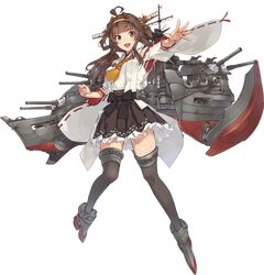  1girl ahoge black_bow black_legwear black_skirt boots bow brown_hair cannon clenched_hand collared_shirt detached_sleeves frilled_skirt frills full_body hair_intakes hair_ornament hairband headgear highres kantai_collection kongou_(kantai_collection) konishi_(koconatu) long_hair looking_at_viewer machinery non-web_source nontraditional_miko official_art open_mouth outstretched_arm remodel_(kantai_collection) ribbon-trimmed_sleeves ribbon_trim sakuramon shirt sidelocks skirt smile thigh-highs torpedo_launcher transparent_background turret violet_eyes zettai_ryouiki 