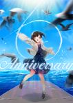  1girl 6+others aircraft airplane anchor_symbol anniversary bird black_footwear black_hair blue_dress blue_sky closed_eyes clouds commentary_request condensation_trail day drawstring dress fubuki_(kantai_collection) full_body grey_legwear hood hooded_jacket hoodie jacket jumping kantai_collection lace-up_shoes light_rays low_ponytail motion_blur multiple_others nigo number open_mouth outdoors polka_dot polka_dot_dress ponytail seagull short_ponytail sidelocks sky socks sunbeam sunlight white_jacket 