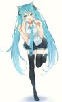  1girl :d animal_ear_fluff animal_ears aqua_hair bangs bare_shoulders bibboss39 black_footwear black_skirt blue_eyes blue_neckwear blush boots cat_ears collared_shirt full_body hatsune_miku highres kemonomimi_mode leaning_forward long_hair looking_at_viewer miniskirt necktie open_mouth paw_pose paw_print pleated_skirt shirt simple_background skin_fang skirt sleeveless sleeveless_shirt smile solo standing standing_on_one_leg tareme thigh-highs thigh_boots twintails very_long_hair vocaloid white_background zettai_ryouiki 