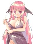  1girl alternate_costume arnest bangs bare_arms bare_shoulders black_dress blush breasts collarbone demon_wings dress dress_lift eyebrows_visible_through_hair groin head_wings koakuma large_breasts lifted_by_self long_hair looking_at_viewer pink_eyes pink_hair sidelocks simple_background smile solo spaghetti_strap strap_pull touhou upper_body very_long_hair white_background wings 
