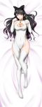  1girl absurdres alfred_cullado black_bow black_hair blake_belladonna bow breasts cat_cutout china_dress chinese_clothes cleavage cleavage_cutout covered_navel dakimakura dress elbow_gloves from_above full_body gloves hair_bow highres incredibly_absurdres long_hair looking_at_viewer lying medium_breasts multicolored_hair no_panties on_back on_bed paid_reward patreon_reward paw_pose purple_hair rwby shiny shiny_clothes side_slit sleeveless sleeveless_dress solo thigh-highs tongue tongue_out two-tone_hair white_dress white_gloves white_legwear yellow_eyes 
