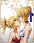  2girls ahoge artoria_pendragon_(all) bangs blonde_hair blue_ribbon bra braid choker commentary_request eye_contact eyebrows_visible_through_hair fate/apocrypha fate/grand_order fate/stay_night fate_(series) green_eyes hair_ornament hair_ribbon hair_scrunchie height_difference looking_at_another mordred_(fate) mordred_(fate)_(all) multiple_girls red_scrunchie ribbon saber scrunchie tonee underwear upper_body 