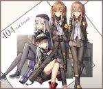  404 4girls absurdres assault_rifle bag bkyuuc black_footwear black_headwear black_legwear black_neckwear black_ribbon black_shorts blush boots brown_eyes brown_hair brown_jacket closed_eyes commentary cross eyebrows_visible_through_hair full_body g11_(girls_frontline) girls_frontline green_eyes green_headwear gun h&amp;k_g11 hair_between_eyes hair_ornament hat highres http_status_code jacket multiple_girls one_side_up panties ribbon rifle shirt shoes shorts side_ponytail sitting sleeping smile standing thigh-highs twintails ump45_(girls_frontline) ump9_(girls_frontline) underwear weapon white_hair white_shirt yellow_eyes 