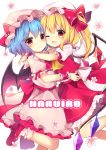  2girls ;d absurdres arm_ribbon ascot bangs bat_wings blonde_hair blue_hair blush bobby_socks bow commentary_request crystal dress eyebrows_visible_through_hair fang feet_out_of_frame flandre_scarlet flower hair_between_eyes hat hat_bow hat_ribbon highres hug leg_up long_hair looking_at_viewer mob_cap multiple_girls one_eye_closed one_side_up open_mouth petticoat pink_dress pink_flower pink_headwear pink_legwear puffy_short_sleeves puffy_sleeves red_bow red_eyes red_footwear red_neckwear red_ribbon red_skirt red_vest remilia_scarlet ribbon ruhika shirt shoes short_hair short_sleeves siblings simple_background sisters skirt smile socks touhou vest white_background white_headwear white_shirt wings wrist_cuffs yellow_neckwear 
