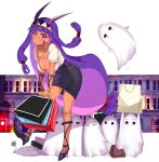  1girl absurdres animal_ears bag blush breasts cleavage contemporary dark_skin earrings facepaint facial_mark fate/grand_order fate_(series) high_heels highres holding jackal_ears jewelry large_breasts long_hair looking_at_viewer medjed necklace nitocris_(fate/grand_order) pencil_skirt polka_dot purple_hair shopping_bag sidelocks skirt smile solo violet_eyes yuruto 