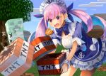  1girl anchor_symbol braid breasts cleavage clouds commentary creeper crossover day drill_hair food grass hair_ribbon hololive konkito long_hair maid_headdress minato_aqua minecraft multicolored_hair open_mouth purple_hair ribbon sky solo tnt tree twin_drills violet_eyes virtual_youtuber 