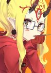  1girl absurdres alternate_costume bespectacled black-framed_eyewear blonde_hair blush casual clothes_writing commentary_request earrings facial_mark fang_out fate/grand_order fate_(series) food food_in_mouth forehead_mark from_side glasses gloves highres hood hood_down hoodie horns ibaraki_douji_(fate/grand_order) jewelry long_hair long_sleeves looking_at_viewer looking_to_the_side mouth_hold nakasaku-p orange_background pocky pointy_ears ponytail red_gloves sidelocks simple_background solo upper_body yellow_eyes 