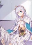  1boy 1girl absurdres anastasia_(fate/grand_order) blue_cape blue_eyes breasts cape choker cleavage dress eyebrows_visible_through_hair eyes_visible_through_hair fate/grand_order fate_(series) fur-trimmed_cape fur_trim hair_between_eyes hair_ornament hair_over_one_eye hairband highres indoors kaer_sasi_dianxia leaf_hair_ornament long_dress long_hair medium_breasts signature silver_hair sitting smile very_long_hair white_dress yellow_hairband 