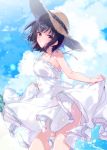 1girl :d bangs bare_arms bare_shoulders black_hair breasts clouds cloudy_sky collarbone cowboy_shot day dress floating_hair from_side grin hat highres looking_at_viewer looking_to_the_side medium_breasts medium_hair open_mouth original outdoors skirt_hold sky sleeveless sleeveless_dress smile solo strap_gap straw_hat sun_hat sundress tareme teeth thighs u35 violet_eyes water_drop wind 