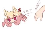  1girl animal_ear_fluff animal_ears animalization bangs blonde_hair blush crab_girl eyebrows_visible_through_hair fox_ears hair_between_eyes hair_bun hair_ornament kemomimi-chan_(naga_u) looking_at_viewer naga_u original out_of_frame red_eyes simple_background solo_focus speed_lines throwing white_background 