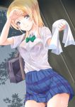  1girl ayase_eli bag blonde_hair blue_eyes blush bow bowtie bra braid breasts frapowa green_bow high_ponytail love_live! love_live!_school_idol_project medium_breasts plaid plaid_skirt ponytail purple_bra rain see-through shirt shoulder_bag skirt smile solo towel underwear wet wet_clothes wet_shirt white_shirt wiping_forehead 