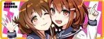  2girls anchor_symbol black_legwear black_sailor_collar brown_hair cheek-to-cheek commentary_request fang folded_ponytail hair_ornament hairclip hayakawa_akari ikazuchi_(kantai_collection) inazuma_(kantai_collection) index_finger_raised kantai_collection long_hair looking_at_viewer multiple_girls one_eye_closed open_hand open_mouth sailor_collar school_uniform serafuku short_hair skin_fang smile upper_body 