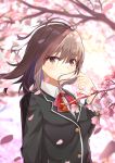  1girl bangs black_jacket blazer blurry blurry_background blush bow brown_eyes brown_hair cherry_blossoms closed_mouth collared_shirt commentary_request depth_of_field dress_shirt eyebrows_visible_through_hair fingernails flower hair_between_eyes hand_up highres hikashou jacket long_hair long_sleeves original petals pink_flower red_bow school_uniform shirt smile solo tree_branch upper_body white_shirt 