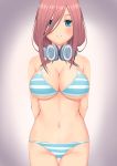  1girl absurdres arms_behind_back bare_shoulders bikini blue_eyes breasts brown_hair cleavage commentary_request go-toubun_no_hanayome hair_between_eyes headphones headphones_around_neck highres large_breasts nakano_miku navel noah12 standing striped striped_bikini swimsuit thighs under_boob 