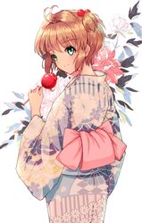  1girl antenna_hair brown_hair candy_apple card_captor_sakura floral_print food from_behind hair_bobbles hair_intakes hair_ornament holding japanese_clothes kimono kinomoto_sakura lixiao_lang looking_back one_side_up print_kimono shiny shiny_hair short_hair_with_long_locks solo standing white_background white_kimono yukata 