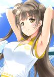  1girl armpits arms_up blue_skirt breasts brown_hair frapowa long_hair looking_at_viewer love_live! love_live!_school_idol_project medium_breasts minami_kotori net skirt smile solo very_long_hair 