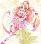  1girl :d absurdly_long_hair blonde_hair cure_tomorrow earrings eyebrows_visible_through_hair floating_hair hanzou harryham_harry highres hug-tan_(precure) hugtto!_precure jewelry leg_up long_hair miniskirt open_mouth pink_footwear pink_skirt pleated_skirt precure red_eyes shiny shiny_hair short_sleeves skirt smile solo sparkle standing standing_on_one_leg very_long_hair 