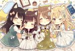  4girls :d ;3 ;t ^_^ animal_ear_fluff animal_ears black_sailor_collar blonde_hair blue_flower blush bow brown_bow brown_eyes brown_hair cat_ears chibi closed_eyes closed_eyes closed_mouth collared_shirt commentary_request doughnut dress drooling flower food frilled_dress frilled_pillow frills green_dress hair_bow hair_flower hair_ornament hairclip highres kemonomimi_mode kneehighs locked_arms long_hair long_sleeves lying mouth_drool multiple_girls on_back on_side open_mouth original parted_lips pillow polka_dot pout sailor_collar sailor_dress sakura_oriko shirt short_sleeves sleeveless sleeveless_dress smile star very_long_hair white_dress white_flower white_legwear white_shirt wide_sleeves 