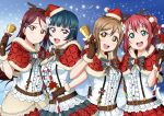  4girls :d absurdres bangs belt blue_background blue_eyes blue_hair blunt_bangs brown_eyes brown_hair capelet dress_shirt fur-trimmed_capelet fur_trim highres jingle_bells_ga_tomaranai kunikida_hanamaru kurosawa_ruby long_hair looking_at_viewer love_live! love_live!_sunshine!! mell_ast multiple_girls open_mouth pink_eyes plaid plaid_skirt pleated_skirt print_skirt red_capelet red_skirt redhead sakurauchi_riko shiny shiny_hair shirt skirt smile standing star star_print suspenders tsushima_yoshiko upper_body very_long_hair white_shirt white_skirt 