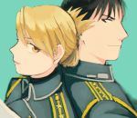  1boy 1girl amestris_military_uniform aqua_background black_eyes black_hair blonde_hair blurry brown_eyes close-up commentary depth_of_field earrings eyelashes face folded_ponytail fullmetal_alchemist jewelry light_smile looking_at_another looking_back military military_uniform ozaki_(tsukiko3) profile riza_hawkeye roy_mustang simple_background smile spiky_hair tied_hair uniform upper_body 