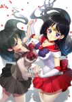  2girls :d absurdres back_bow bare_legs bishoujo_senshi_sailor_moon black_hair blurry blurry_background blush bow breast_press breasts brooch choker closed_mouth cowboy_shot dual_persona earrings elbow_gloves female floating_hair from_above gem gloves grey_sailor_collar grey_shirt grey_skirt hand_holding heart highres hino_rei inner_senshi jewelry large_breasts legs long_hair looking_at_viewer looking_to_the_side looking_up magical_girl multiple_girls necklace open_mouth petals pleated_skirt purple_bow red_bow red_neckwear red_sailor_collar red_skirt ruba_(akiraoe_84) ruby_(stone) sailor_collar sailor_mars sailor_senshi_uniform school_uniform serafuku shadow shirt skirt smile standing star star_necklace super_sailor_mars symmetrical_docking ta_girls_school_uniform tiara very_long_hair violet_eyes white_gloves 