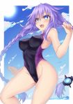  1girl bare_arms bare_shoulders blush braid breasts competition_swimsuit covered_navel covered_nipples highres kazuneko_(wktk1024) long_hair medium_breasts neptune_(series) one-piece_swimsuit open_mouth purple_hair purple_heart smile swimsuit symbol-shaped_pupils twin_braids very_long_hair violet_eyes 