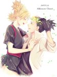  2018 :d black_gloves black_hair black_kimono black_shirt blonde_hair closed_eyes couple dated from_side gloves hand_on_head head_wreath highres japanese_clothes jewelry kimono nara_shikamaru naruto_(series) naruto_shippuuden necklace open_clothes open_mouth open_shirt ponytail profile shirt short_sleeves smile suzu_(tg_390) tied_hair tokura_temari white_background white_shirt 