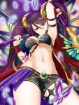  1girl :d absurdres alfred_cullado arm_strap arm_up armpits bare_shoulders black_bikini_top black_bra black_shorts bra brave_frontier breasts bridal_gauntlets bug butterfly cleavage coat cowboy_shot elza_(brave_frontier) eyebrows_visible_through_hair from_below grin groin hair_between_eyes hair_ornament highres holding holding_weapon horns huge_filesize insect large_breasts long_hair looking_at_viewer looking_down midriff navel open_clothes open_coat open_mouth paid_reward patreon_reward petals purple_hair red_coat red_eyes short_shorts shorts signature sleeveless sleeveless_coat smile solo standing stomach thigh_strap thighs twintails under_boob underwear very_long_hair weapon wings 