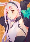  1girl :o animal_ears aqua_bow arms_up azur_lane bangs black_hairband bow breasts copyright_name covered_collarbone covered_nipples extra_ears eyeliner hairband highres long_hair long_sleeves makeup mimiko_(fuji_310) no_bra open_mouth orange_background rabbit_ears shimakaze_(azur_lane) sideboob silver_hair small_breasts solo straight_hair upper_body yellow_eyes 