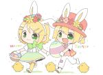  :3 :d animal_ears basket bass_clef beamed_eighth_notes bird blonde_hair boater_hat bow bowtie chibi chick commentary easter_egg egg eighth_note flower full_body gloves green_eyes hair_flower hair_ornament hairclip happy_easter hat headband holding holding_basket holding_egg kagamine_len kagamine_rin musical_note najo necktie open_mouth pants ponytail rabbit_ears short_hair skirt smile suspender_skirt suspenders symbol_commentary vest vocaloid walking white_gloves 