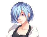  1girl apron black_apron blue_hair breasts collarbone commentary_request g4265059 hair_over_one_eye kirishima_touka looking_at_viewer one_eye_covered parted_lips shirt short_hair simple_background smile solo tokyo_ghoul tokyo_ghoul:re white_background white_shirt 