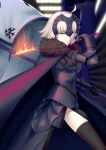  1girl ahoge armor armored_dress banner black_dress black_legwear blonde_hair blurry blurry_background cape daiz1213 dress fate/grand_order fate_(series) faulds fire fur_cape gauntlets headpiece highres holding holding_sword holding_weapon jeanne_d&#039;arc_(alter)_(fate) jeanne_d&#039;arc_(fate)_(all) looking_at_viewer short_hair solo standing sword thigh-highs v-shaped_eyebrows weapon yellow_eyes 