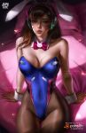  1girl adapted_costume animal_ears arm_support artist_name ass_visible_through_thighs bare_shoulders bed bed_sheet blue_leotard bow bowtie breasts brown_eyes brown_hair brown_legwear bunnysuit cleavage covered_navel cowboy_shot d.va_(overwatch) day detached_collar english_text facepaint fake_animal_ears fine_fabric_emphasis glint headgear highleg highleg_leotard highres leaning_back leotard lips logan_cure long_hair looking_at_viewer medium_breasts on_bed overwatch pantyhose parted_lips patreon_logo pillow pink_bow pink_neckwear rabbit_ears signature sitting sitting_on_bed solo strapless strapless_leotard sunlight thick_eyebrows thigh_gap watermark web_address wrist_cuffs 