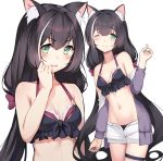  1girl ;) animal_ear_fluff animal_ears bangs bare_shoulders bikini bikini_top bikini_under_clothes black_bikini black_hair blush bow breasts cat_ears cat_tail cleavage closed_mouth eyebrows_visible_through_hair gin00 green_eyes hair_between_eyes hair_bow halterneck hand_up jacket kyaru_(princess_connect) long_hair looking_at_viewer low_twintails medium_breasts midriff multicolored_hair navel off_shoulder one_eye_closed open_clothes open_fly open_jacket open_mouth open_shorts princess_connect! princess_connect!_re:dive purple_jacket short_shorts shorts simple_background sketch smile streaked_hair swimsuit tail thigh_strap twintails very_long_hair white_background white_hair white_shorts 