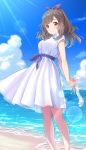  1girl bangs bare_arms bare_legs beach blue_ribbon blue_sky blush breasts brown_eyes brown_hair clouds cloudy_sky collared_dress commentary_request day dress feet_out_of_frame footwear_removed hair_ribbon high_heels holding horizon idolmaster idolmaster_shiny_colors large_breasts light_rays long_hair looking_at_viewer ocean outdoors ribbon sand short_sleeves sky smile solo sunbeam sunlight tamakaga thighs tsukioka_kogane water white_dress white_footwear 