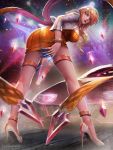  1girl ass bangle bangs blonde_hair blurry blurry_background bracelet breasts dress evelynn full_body glint gold high_heels highres jacket jewelry k/da_(league_of_legends) k/da_evelynn k/da_evelynn-prestige_edition kaze_no_gyouja league_of_legends leaning_forward light_particles long_hair looking_at_viewer necklace open_clothes open_jacket open_mouth orange_dress purple_hair red_lips short_dress sidelocks signature solo thighlet wavy_hair white_jacket wind wind_lift yellow_eyes 