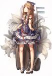  1girl artist_name bag bare_legs bare_shoulders bkyuuc black_bow black_footwear black_ribbon blonde_hair blue_bow blue_dress blush bow breasts brown_eyes commentary_request dated dress eyebrows_visible_through_hair flower full_body hair_bow highres lolita_fashion long_hair looking_at_viewer original ribbon shoes small_breasts solo white_bow white_flower 