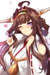  1girl ahoge bare_shoulders blush breasts brown_hair detached_sleeves double_bun hairband headgear highres japanese_clothes kantai_collection kongou_(kantai_collection) long_hair looking_at_viewer nontraditional_miko open_mouth smile solo untsue 