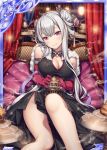  1girl akkijin breasts card_(medium) chinese_clothes flower gloves grey_hair hair_flower hair_ornament incense incense_burner large_breasts long_hair looking_at_viewer official_art red_eyes red_gloves shinkai_no_valkyrie sitting 