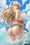  1girl artist_name ass bangs bare_shoulders beach bikini bikini_skirt blonde_hair blue_sky blush breasts clouds day fire_emblem fire_emblem_heroes fire_emblem_if flower from_behind hair_between_eyes hair_flower hair_ornament hairband highres large_breasts long_hair looking_at_viewer looking_back mamkute my_unit_(fire_emblem_if) nintendo ocean open_mouth outdoors pointy_ears realistic red_eyes sciamano240 sidelocks sky solo splashing summer swimsuit thigh_strap wading white_bikini white_hair 