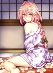  1boy astolfo_(fate) bare_shoulders blush bow braid commentary_request eyebrows_visible_through_hair fate/grand_order fate_(series) floral_print green_bow hair_bow hair_intakes japanese_clothes kimono long_hair looking_at_viewer male_focus multicolored_hair nakajima_kotoko off_shoulder on_ground otoko_no_ko pink_hair single_braid sitting skin_fang solo streaked_hair violet_eyes 