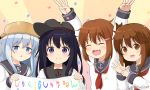  4girls :d ^_^ akatsuki_(kantai_collection) anchor_symbol arms_up bangs black_hair black_headwear black_sailor_collar blue_eyes blue_hair blush brown_eyes brown_hair chestnut_mouth closed_eyes closed_eyes closed_mouth commentary_request confetti double_w eyebrows_visible_through_hair fang flat_cap hair_between_eyes hair_ornament hairclip hat hibiki_(kantai_collection) holding ikazuchi_(kantai_collection) inazuma_(kantai_collection) kantai_collection long_hair miicha multiple_girls neckerchief open_mouth parted_lips pot_on_head red_neckwear remodel_(kantai_collection) sailor_collar school_uniform serafuku shirt smile sunburst_background translation_request twitter_username upper_body violet_eyes w white_shirt 