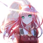  1girl character_name copyright_name darling_in_the_franxx eyebrows_visible_through_hair floating_hair green_eyes hairband horns jacket lixiao_lang long_hair necktie pink_hair red_jacket short_necktie smile solo upper_body white_hairband yellow_neckwear zero_two_(darling_in_the_franxx) 