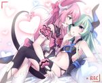  2girls aqua_hair bare_shoulders bed_sheet black_gloves black_legwear blue_eyes blue_ribbon choker commentary_request fang flower frills gloves gou_lianlian_dogface hair_ribbon hand_on_another&#039;s_chin heart honkai_(series) honkai_impact_3 horn liliya_olyenyey long_hair midriff multiple_girls navel pillow pink_hair pink_ribbon recording red_flower red_rose ribbon rose rozaliya_olyenyey siblings tail thigh-highs tongue tongue_out twins viewfinder white_legwear yuri 