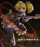  1girl absurdres bangs black_bow black_legwear black_sleeves blonde_hair blue_eyes boots bow copyright_name detached_sleeves doyoom eyebrows_visible_through_hair frilled_sleeves frills full_body hair_bow hair_ornament highres holding holding_instrument instrument kagamine_rin layered_skirt long_hair long_sleeves looking_at_viewer miniskirt multicolored multicolored_clothes multicolored_skirt open_mouth ribbon roshin_yuukai_(vocaloid) short_sleeves skirt solo sweatdrop swept_bangs thigh-highs twintails vocaloid white_bow white_footwear yellow_ribbon 