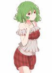  1girl adapted_costume bangs bare_shoulders bra_strap commentary cowboy_shot eyebrows_visible_through_hair frills green_eyes green_hair hair_between_eyes hand_up highres index_finger_raised kazami_yuuka looking_at_viewer midriff_peek off-shoulder_shirt off_shoulder plaid plaid_shirt plaid_shorts red_shirt red_shorts shirt short_hair shorts simple_background smile solo standing symbol_commentary touhou white_background yukome 